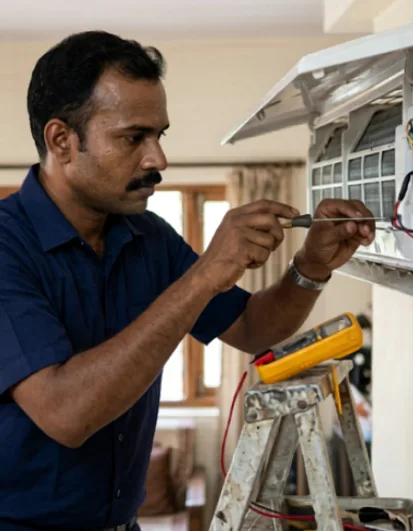 A technician servicing a split air conditioner