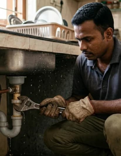 A plumber fixing a pipe under a kitchen sink