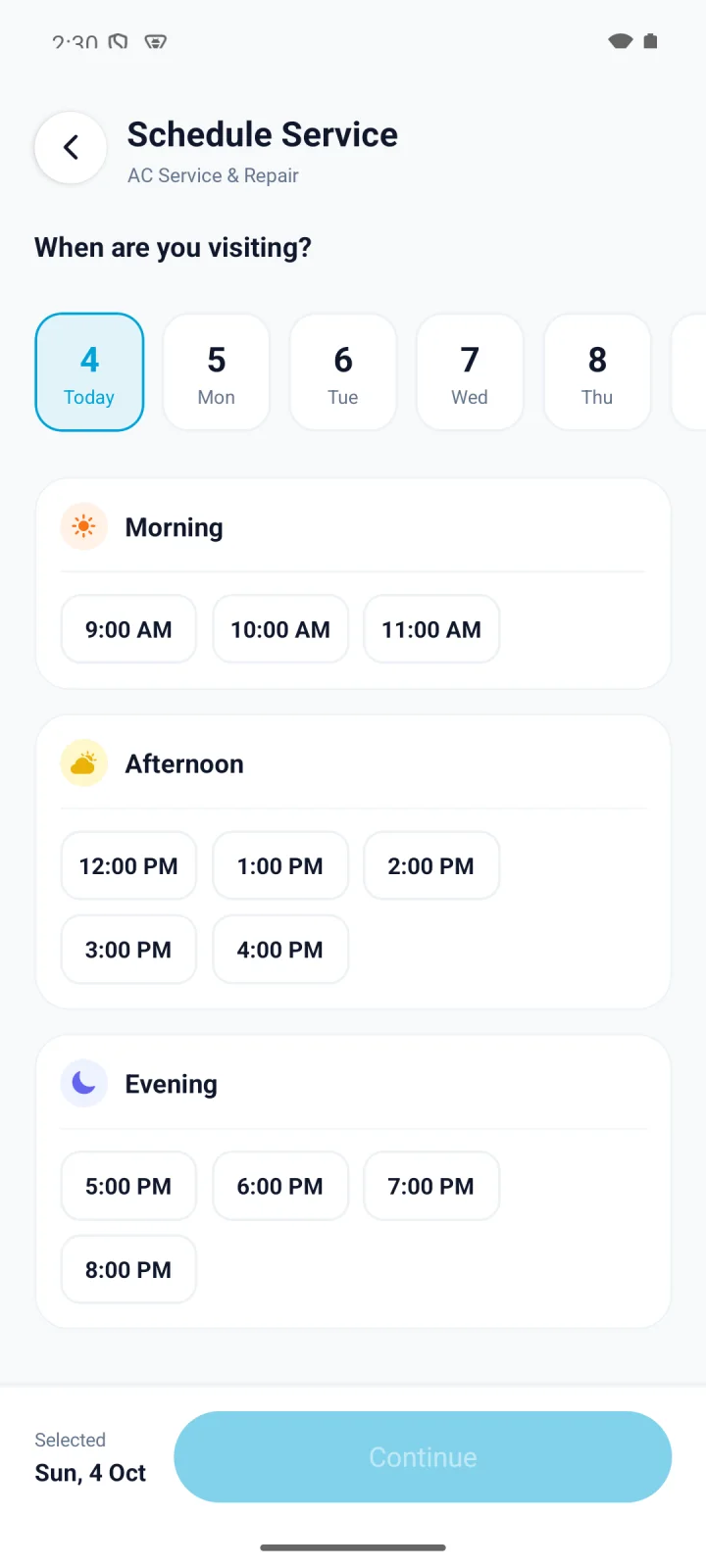 CoolVolt app: choosing a day and time slot for an AC service